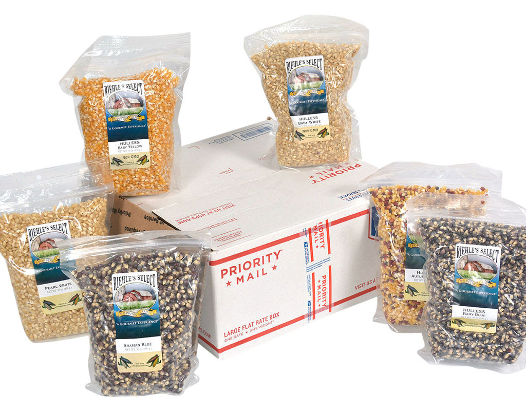 Pick which variety you wanted shipped to you from the drop down box below!  Each bag has a drop down box, with a total of 6 bags of popcorn.   The customized price is the final price with shipping (base price) included.  Only six bags will fit in this size box.  No additions, subtractions or replacements can be made.