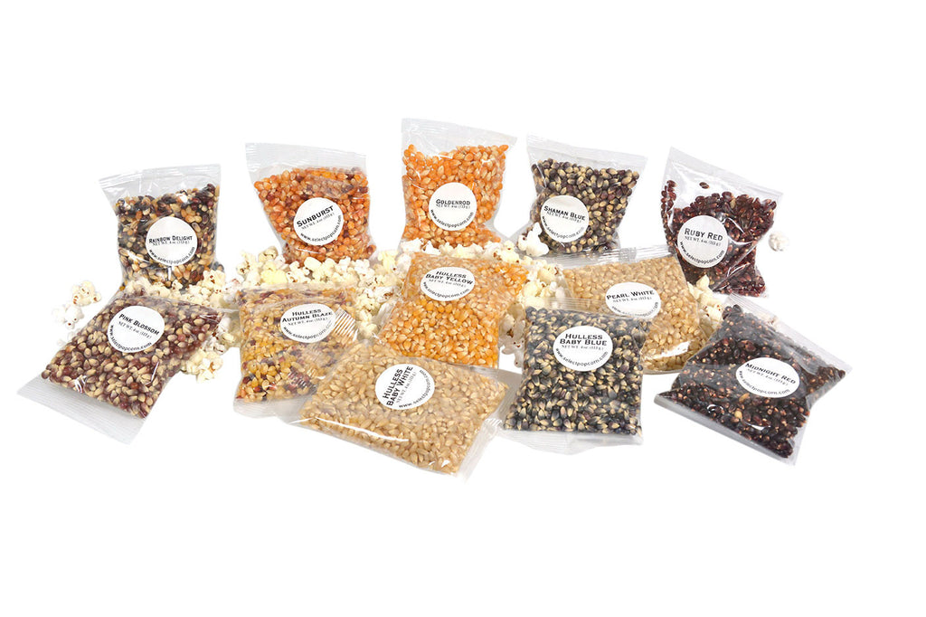 The Mini Sampler is 2-4oz bags of Unpopped Popcorn: Baby White, Baby Yellow, Baby Blue, Autumn Blaze, Ruby Red, Shaman Blue, Pearl White, Goldenrod, Pink Blossom, Rainbow Delight, Sunburst and Midnight Red