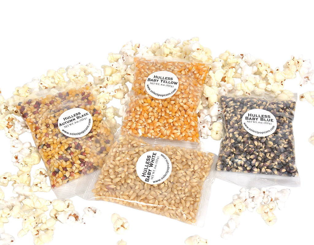 popping corn sampler of 4 oz bags of unpopped popcorn