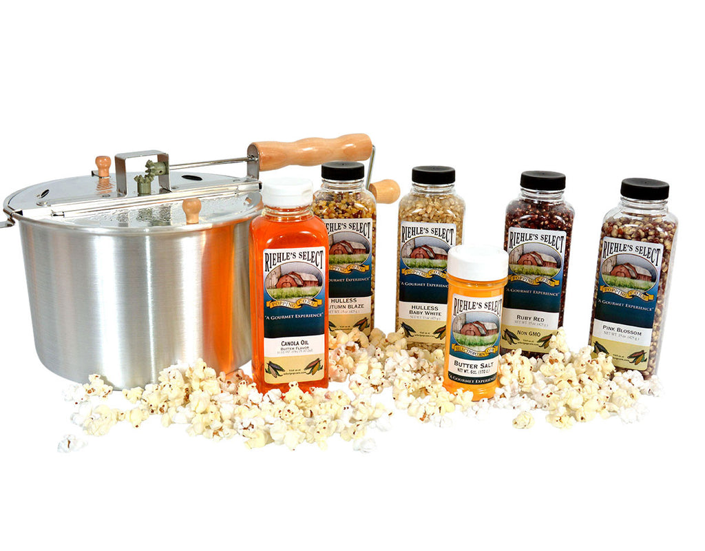 Popcorn Popper Gift Set with 4 bottles of unpopped Popcorn, a Popcorn Popper and a Popcorn Butter Salt and Canola Oil with Butter Flavor