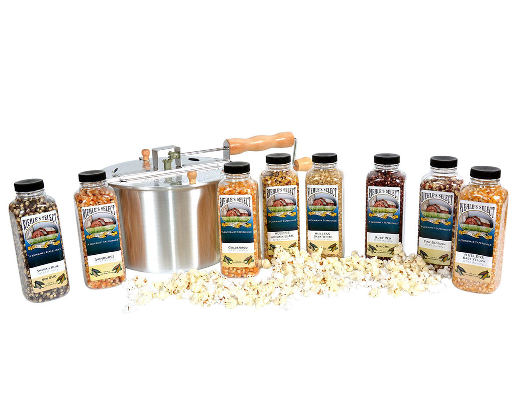 Includes Aluminum Whirley Popper and 15 oz jars of Autumn Blaze Popcorn, Baby White Popcorn,Ruby Red Popcorn, Pink Blossom Popcorn, Goldenrod Popcorn, Shaman Blue Popcorn, Baby Yellow Popcorn, and Sunburst Popcorn